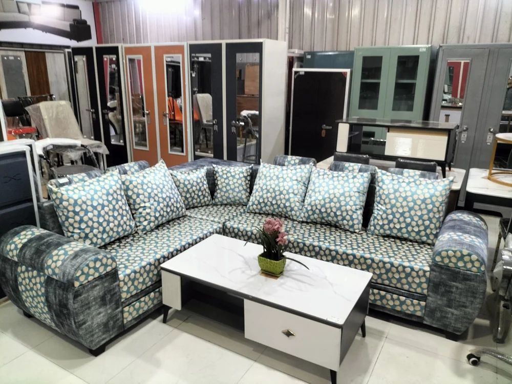 Fabric and leatherette L-shape sofa set on display